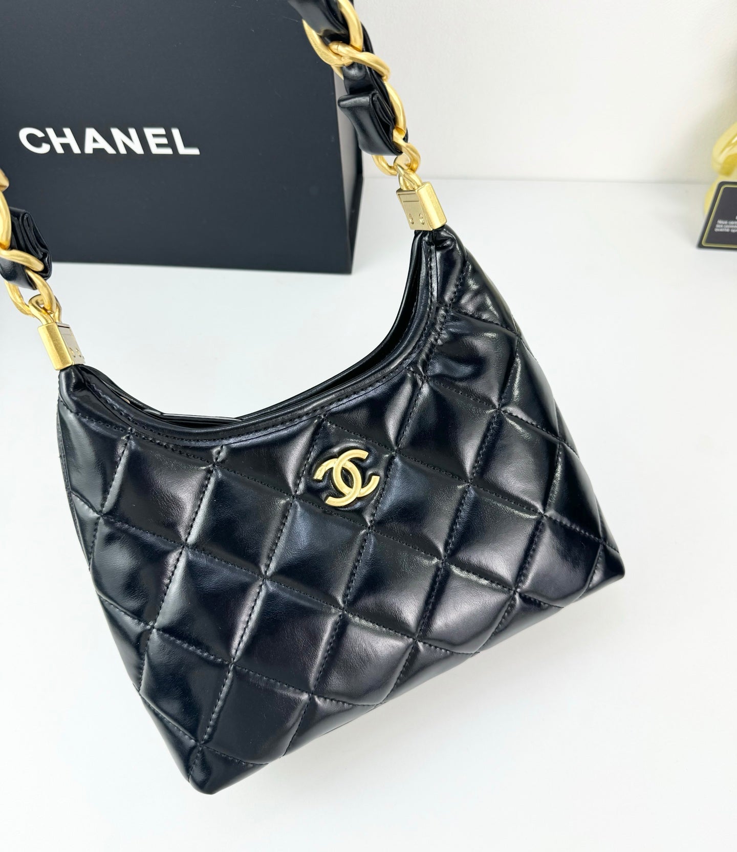 Chanel Sakura Pink Hobo Bag | 24K Gold Chunky Chain Strap | 22cm Lightweight Wax Leather Crossbody