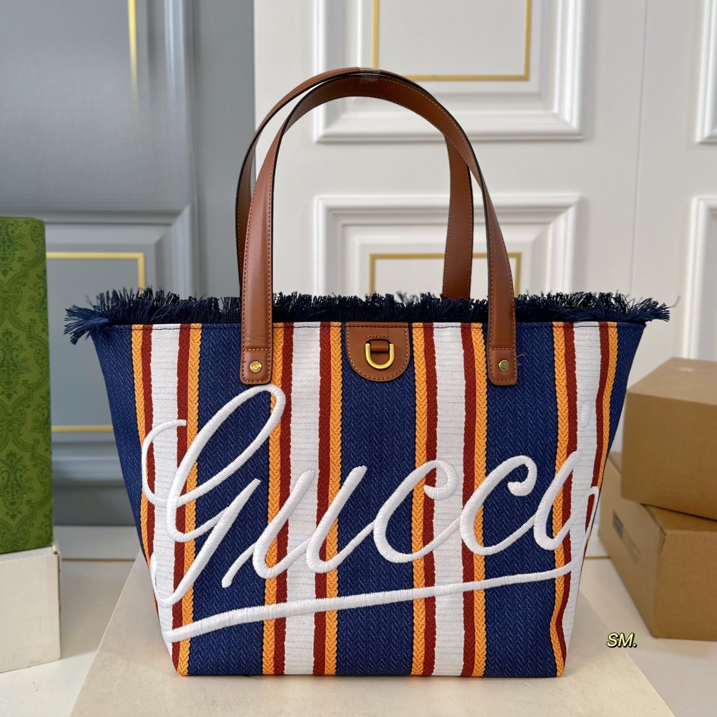 Gucci 2025 Spring-Summer Striped Canvas Tote Bag - 29×28cm Casual Shopper with Detachable Pouch & Embroidered Logo