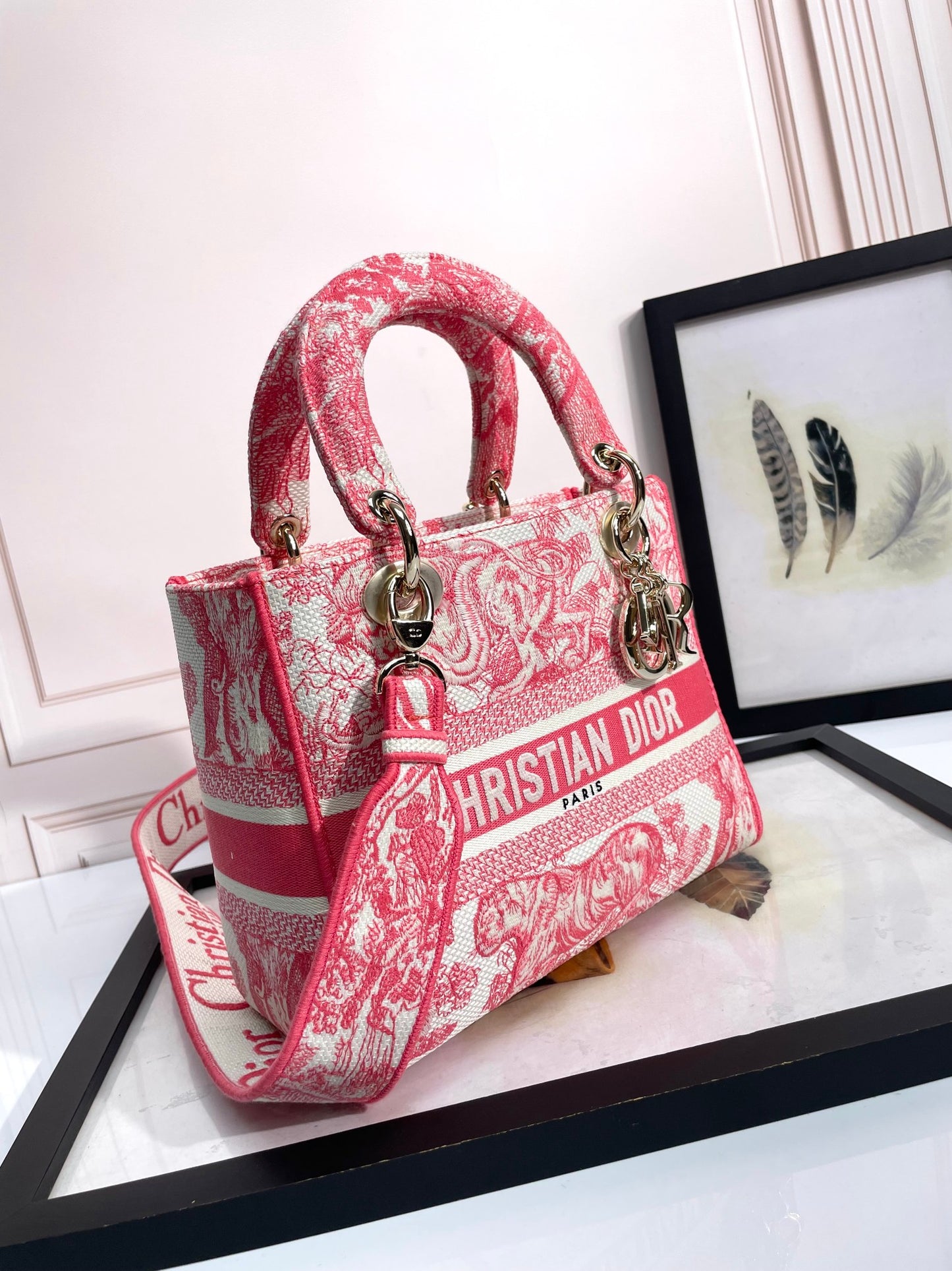Dior Lady D-LITE Plum Tiger Embroidery Bag D6814 - Pietro Ruffo Sunset Collection with Magnetic Detachable Strap & D.I.O.R. Charms (Limited 24cm Cannage Bag)