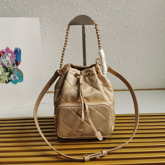Quilted Recycled Nylon Bucket Bag 22.5x17.5x12cm - 2 Detachable Chains + Adjustable Leather Strap