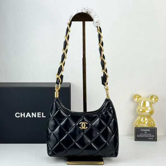 Chanel Sakura Pink Hobo Bag | 24K Gold Chunky Chain Strap | 22cm Lightweight Wax Leather Crossbody