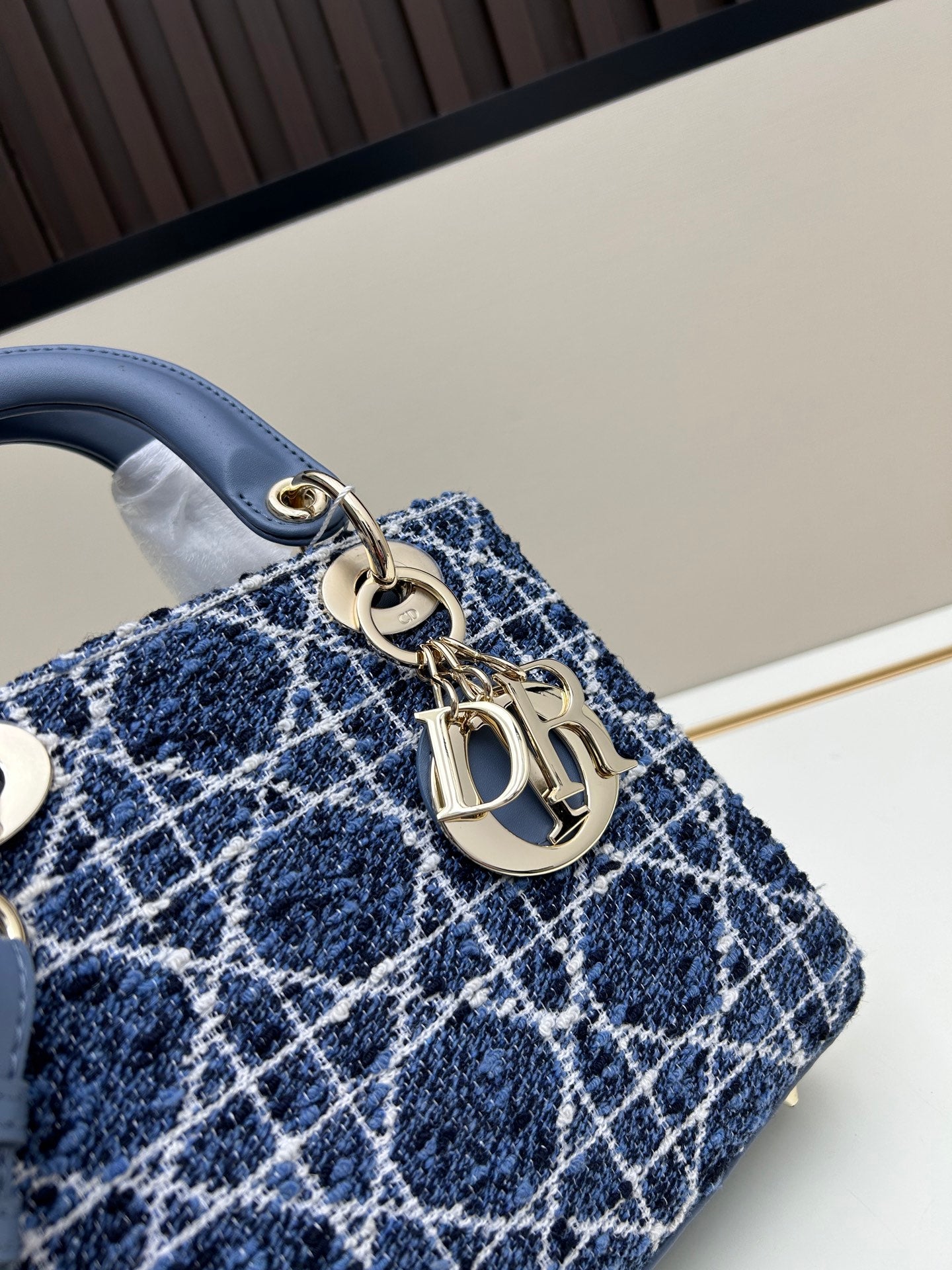 DIOR 2024 Early Spring New Arrival Black Tweed Cannage Embroidery Handbag with Pale Gold Charm, 20cm