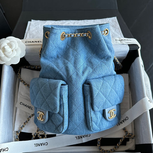 Chanel 25C Washed Denim Mini Backpack | Light Blue | Vintage Wash Original Denim | ZP-Grade Antique Brushed Gold Hardware | Limited Edition