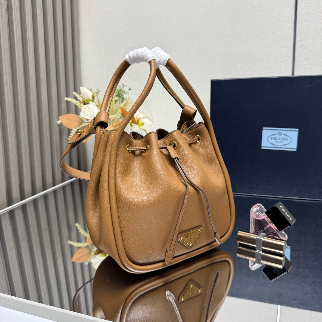Caramel Calfskin Bucket Bag with Detachable Strap - Multiway Handbag & Crossbody | 22x21x10.5cm Large Tote