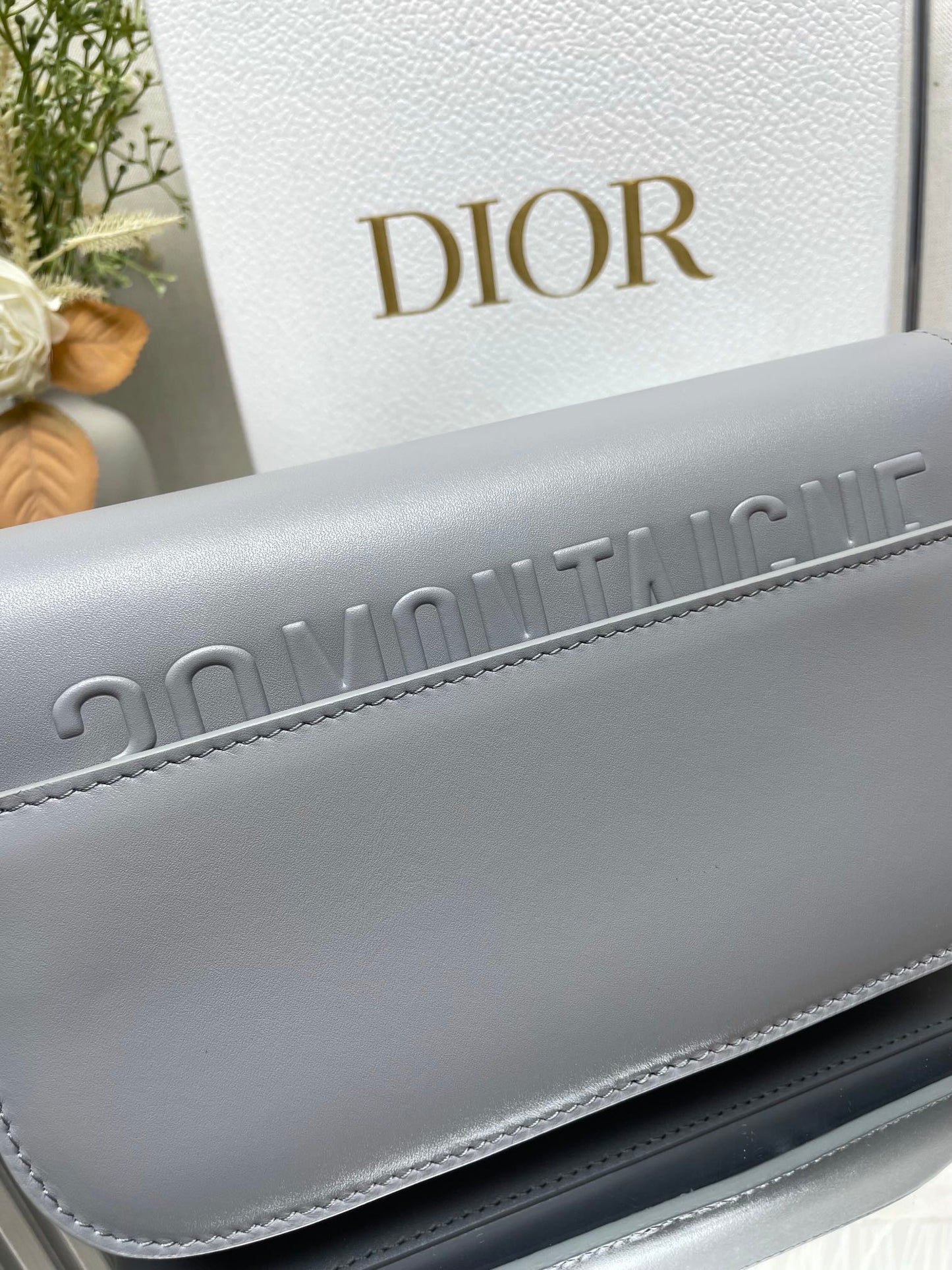 Dior 30 Montaigne Grey Enamel Chain Bag - Glazed Calfskin Flap Bag with Perfume-Bottle Inspired Closure (Convertible Triple-Compartment Crossbody)