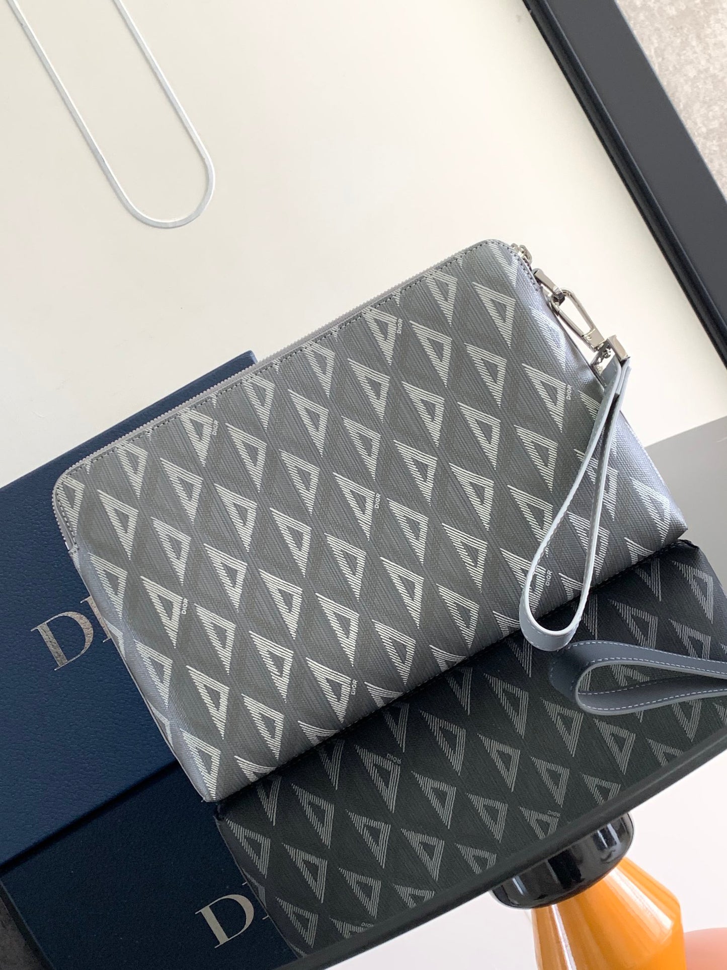 Dior A5 Grey Diamond Quilted Clutch | Marc Bohan Archival Design | Detachable Leather Strap | 30cm Calfskin Accessory