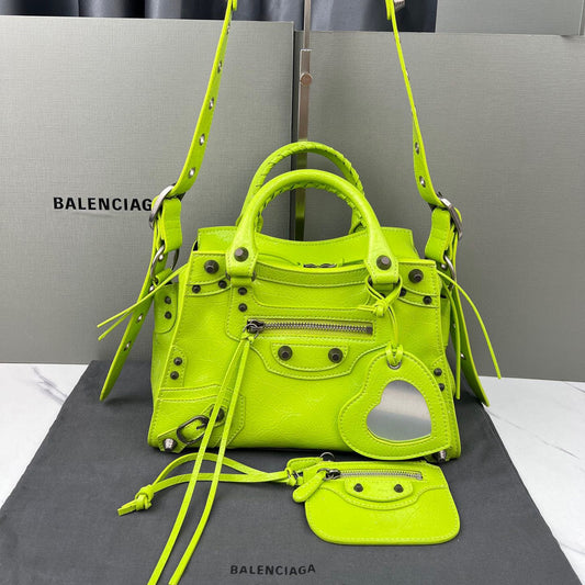 Fluorescent Green Paris Neo Cagole Biker Bag 2023 - Edgy Heart Mirror Bucket Bag | 26cm Statement Piece