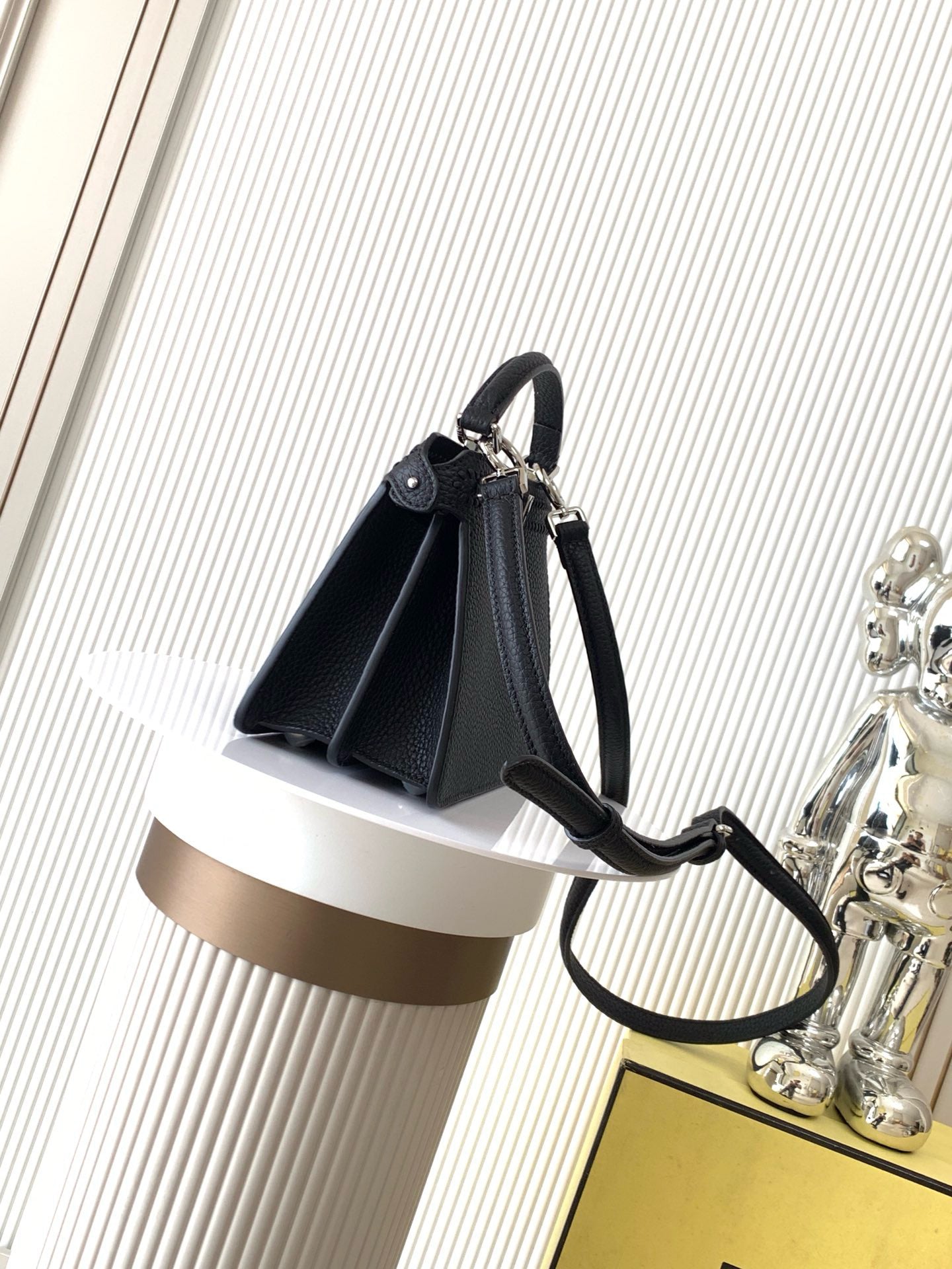 Fendi Signature FF Jacquard Woven Tote Bag in Black Cuoio Romano Calfskin Leather with Silver Hardware