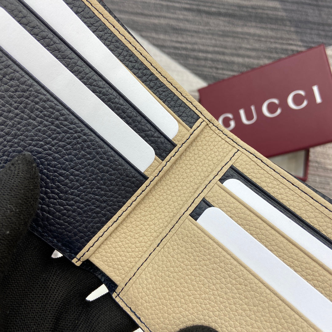 Gucci 2025 Early Spring Collection Deep Blue-Oat Calfskin Leather Bifold Wallet - Dual-Tone Motif, Refined Sophistication