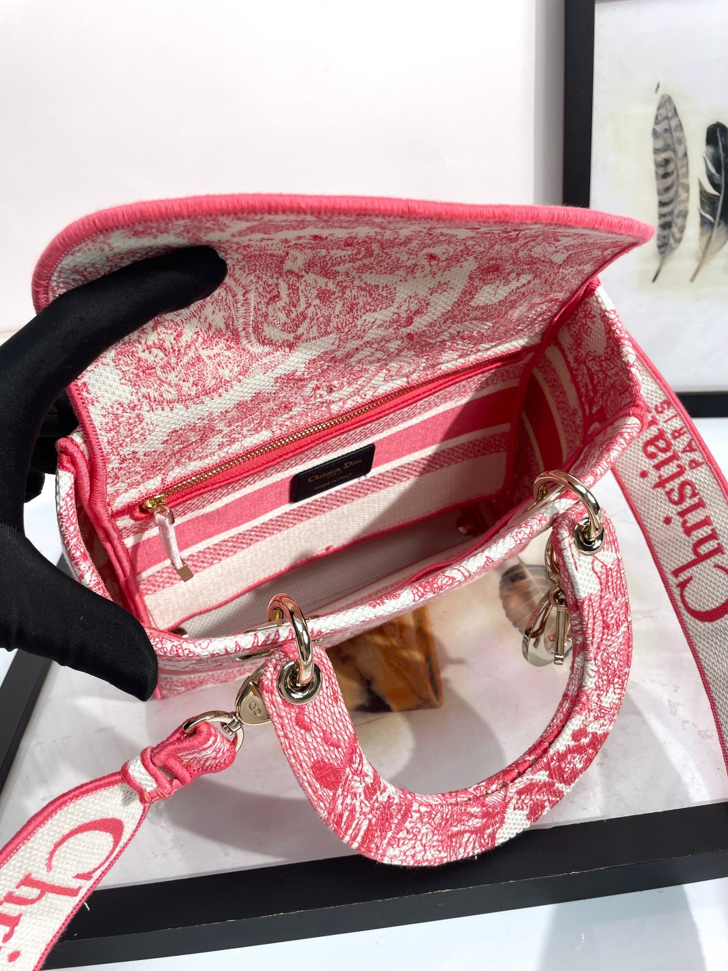 Dior Lady D-LITE Plum Tiger Embroidery Bag D6814 - Pietro Ruffo Sunset Collection with Magnetic Detachable Strap & D.I.O.R. Charms (Limited 24cm Cannage Bag)