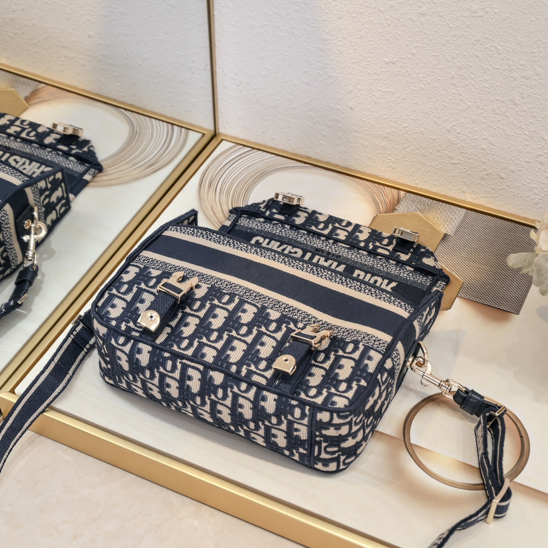DIOR Cam Embroidery Vintage/New Canvas Messenger Bag Small - Gold-Tone Closure/Detachable Strap/23x15x8cm