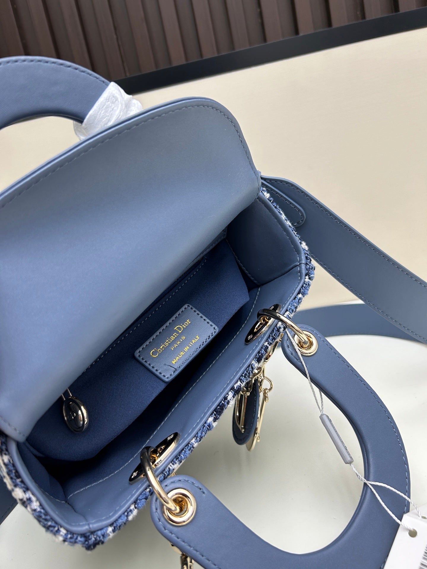 DIOR 2024 Early Spring New Arrival Black Tweed Cannage Embroidery Handbag with Pale Gold Charm, 20cm