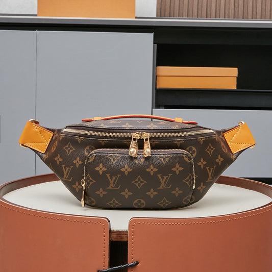 Rush Waist Bag - Monogram Canvas Multifunctional Crossbody Bag with Adjustable Strap, Leather Handle & Beaded Zipper Pocket (30×15×8cm)