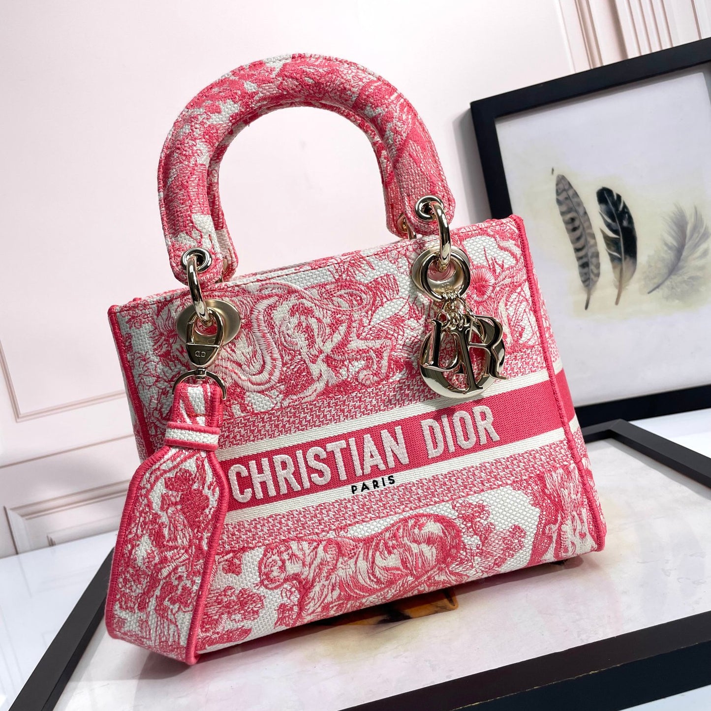 Dior Lady D-LITE Plum Tiger Embroidery Bag D6814 - Pietro Ruffo Sunset Collection with Magnetic Detachable Strap & D.I.O.R. Charms (Limited 24cm Cannage Bag)