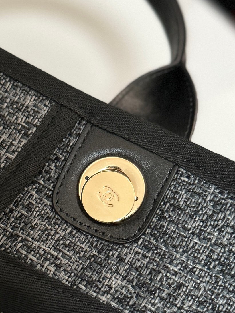 Chanel Deauville Oversized Denim Canvas Beach Tote | Seasonal Raffia-Trimmed Shopper for Travel & Mother Bag
