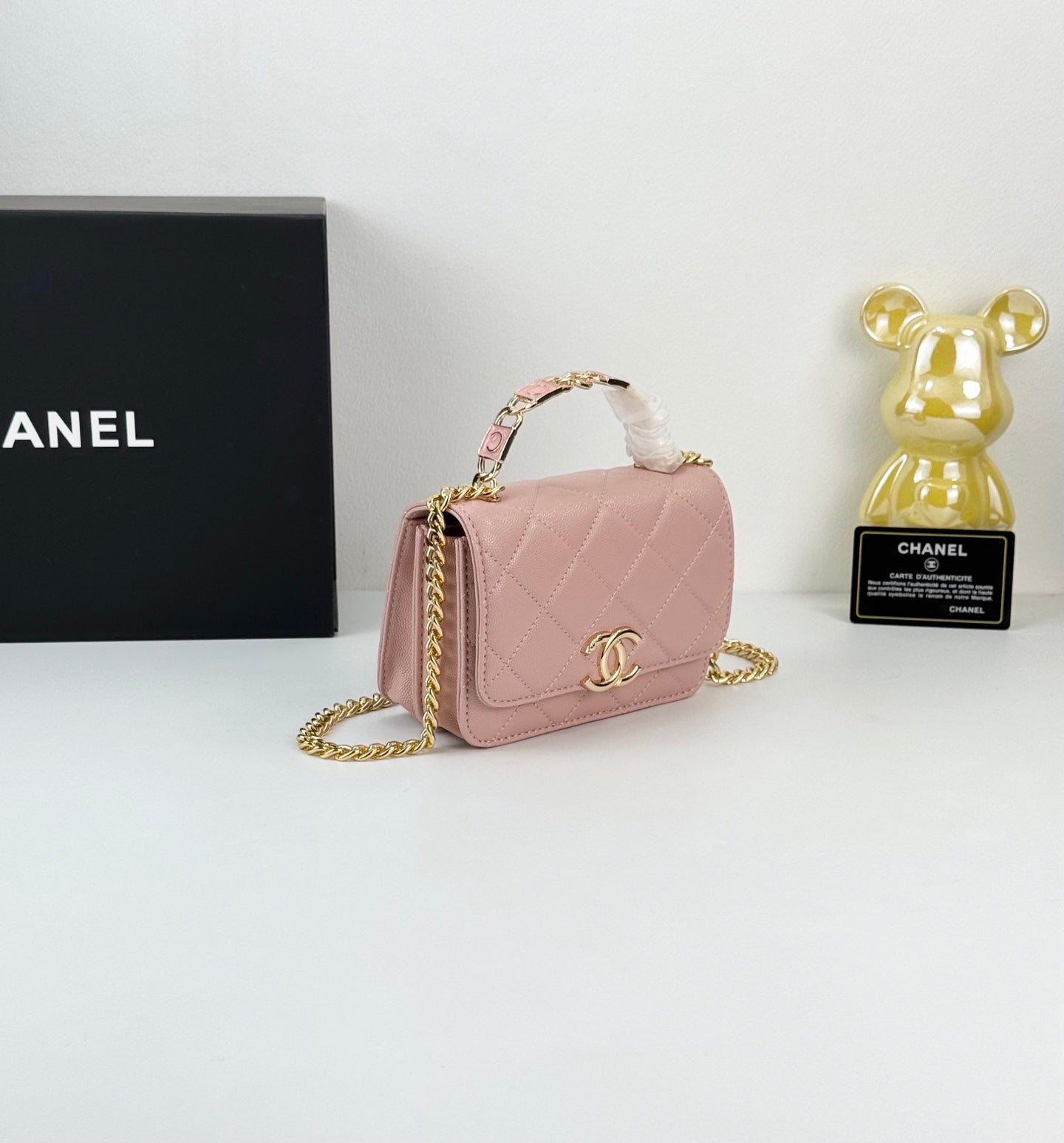Chanel 22S Blush Pink Enamel Handle Bag | Mini Sweet Crossbody | Gold Logo & Woven Strap