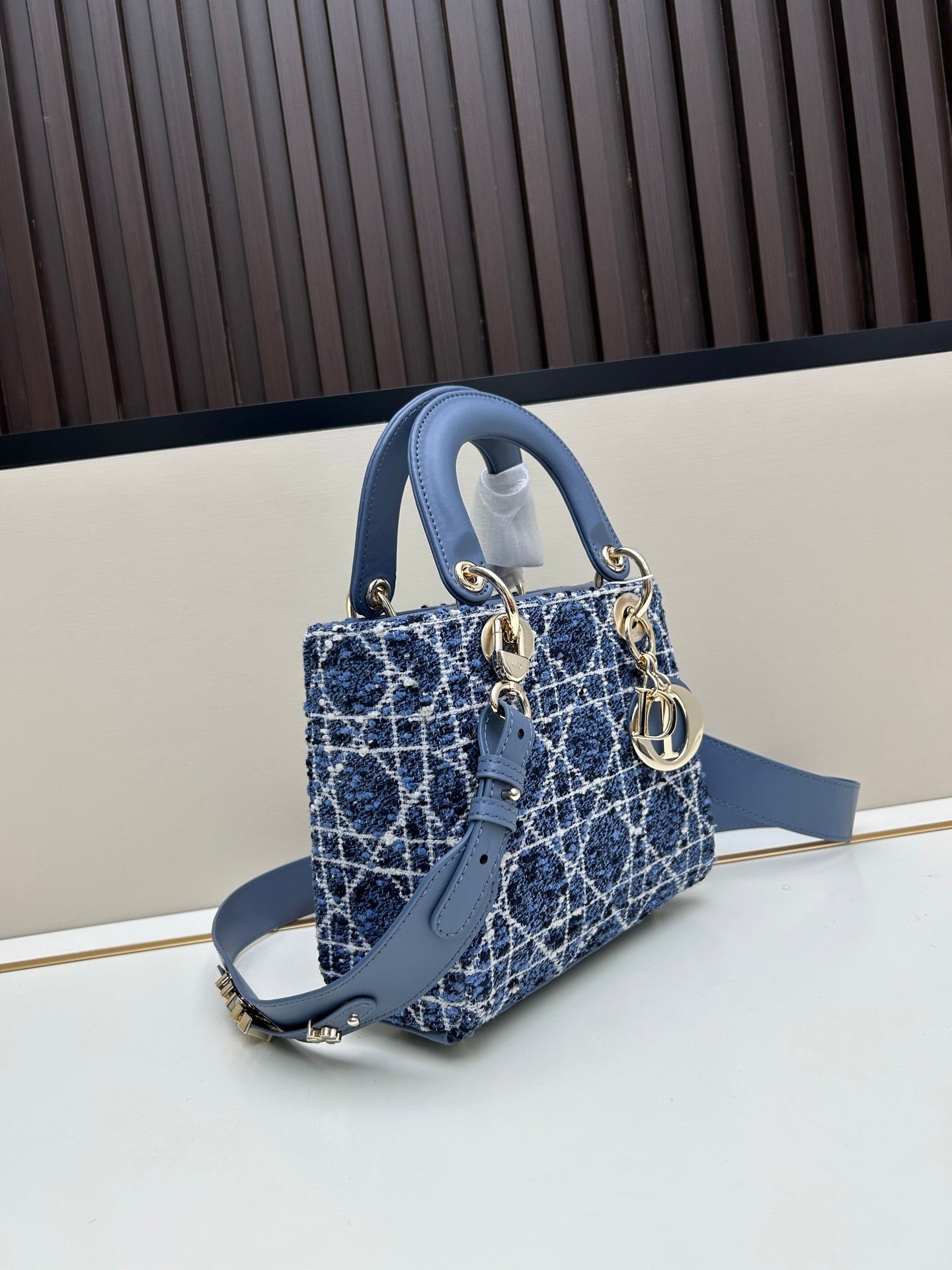 DIOR 2024 Early Spring New Arrival Black Tweed Cannage Embroidery Handbag with Pale Gold Charm, 20cm