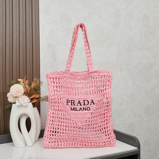 🔥 Deconstructed Raffia Tote Bag | Embroidered Prada Triangle Logo | Lightweight Summer Essential