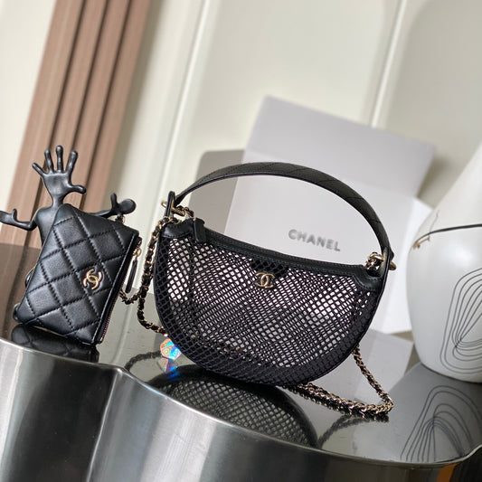 CHANEL 25s Half-Moon Bag - Mesh & Lambskin Light Gold Shoulder Bag, 15*22*6cm, Luxury Crossbody