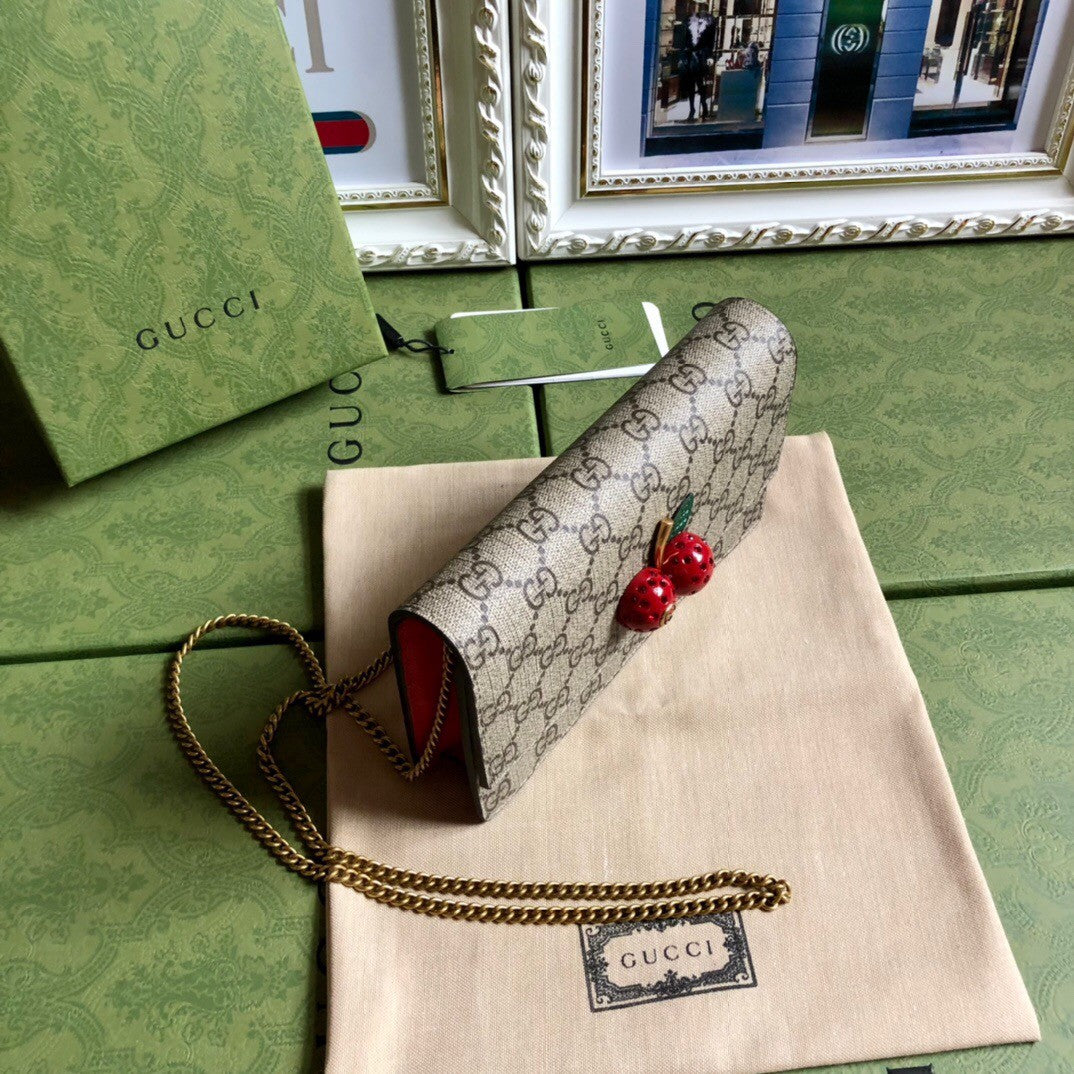 Gucci Summer Cherry Collection Large Red Crystal Clutch - PVC Scarlet Original Quality, Detachable Chain Keyring