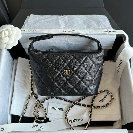 Chanel 25C Black Gold HAAS Caviar Calfskin Lunch Box Bag | Original Mid-Grain Embossed Texture + Champagne Gold Steel Clasp | 21.5x19x6cm Exclusive