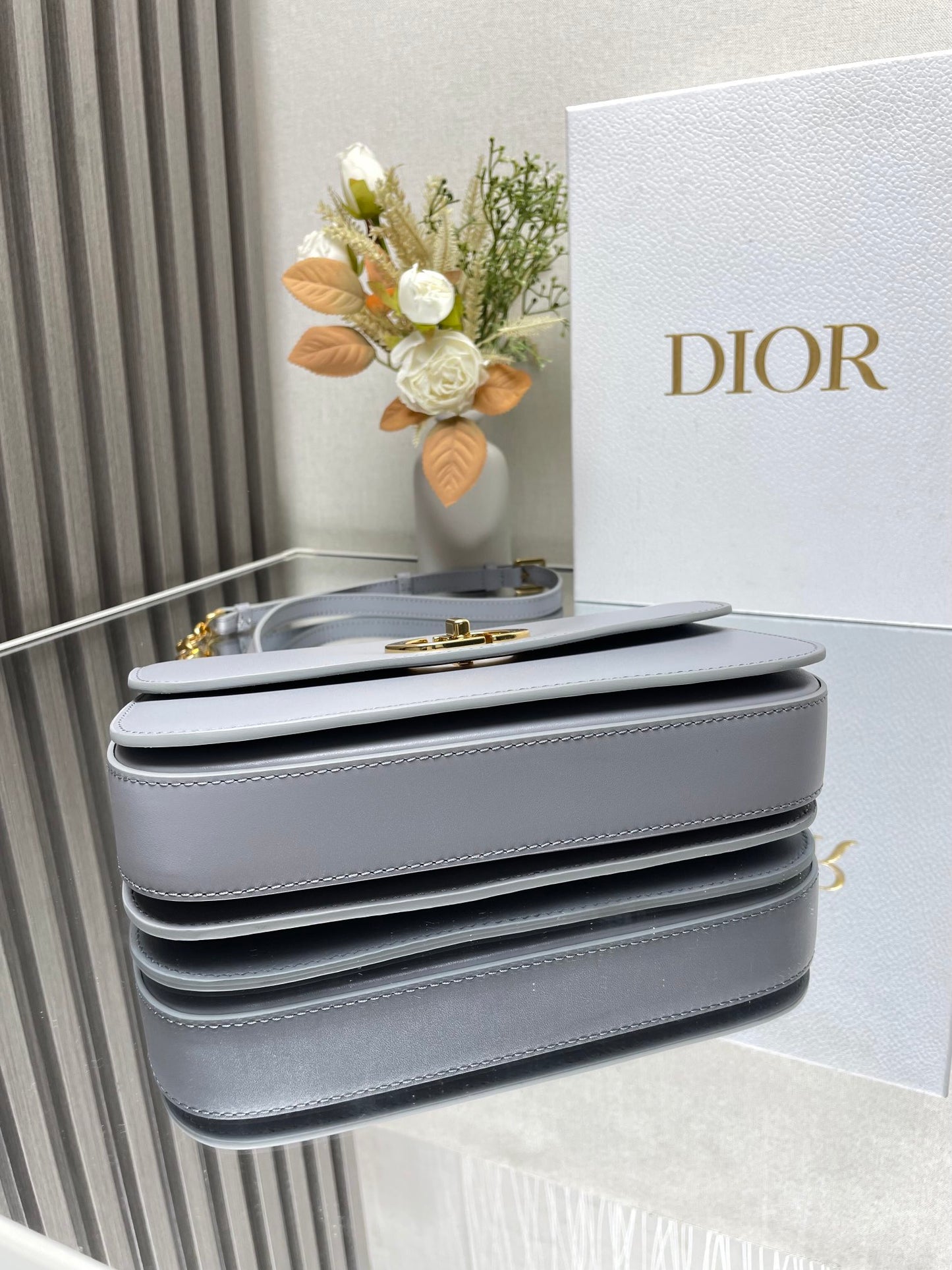 Dior 30 Montaigne Grey Enamel Chain Bag - Glazed Calfskin Flap Bag with Perfume-Bottle Inspired Closure (Convertible Triple-Compartment Crossbody)