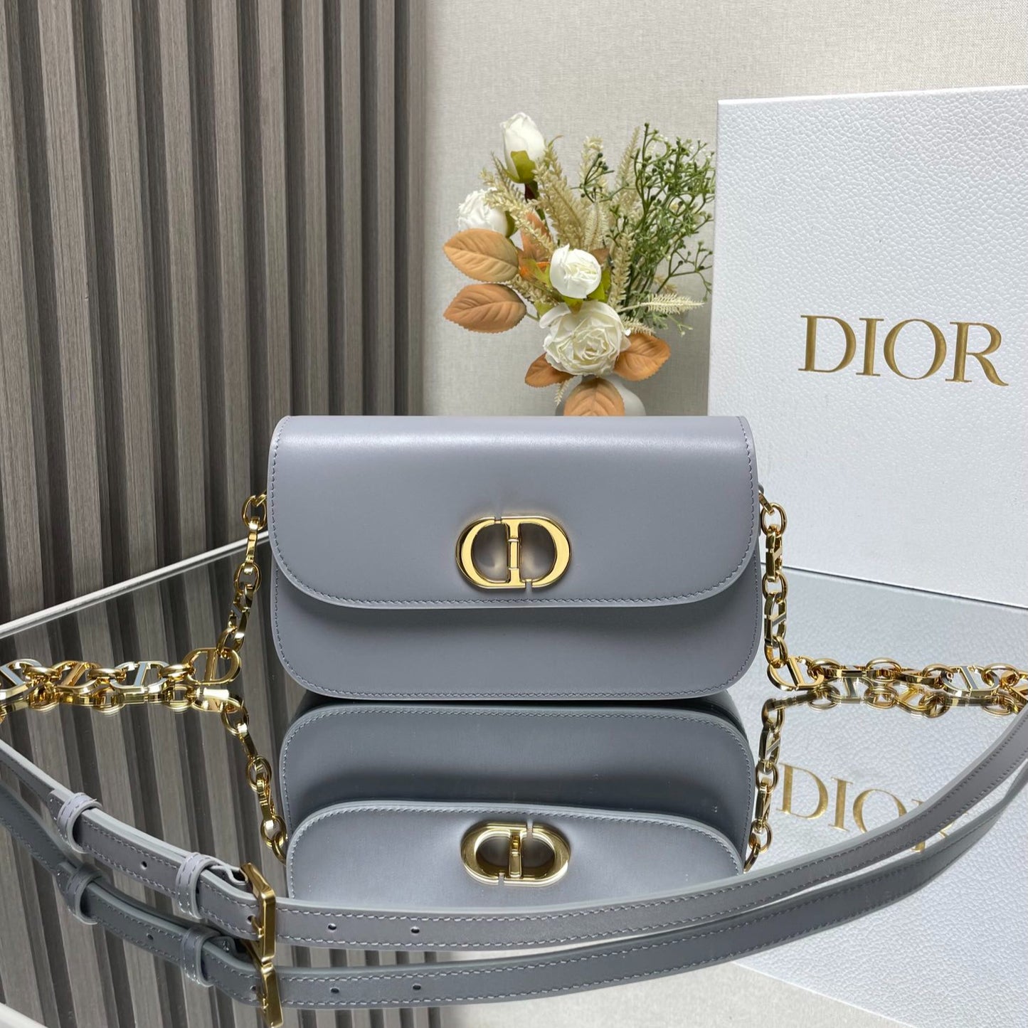 Dior 30 Montaigne Grey Enamel Chain Bag - Glazed Calfskin Flap Bag with Perfume-Bottle Inspired Closure (Convertible Triple-Compartment Crossbody)