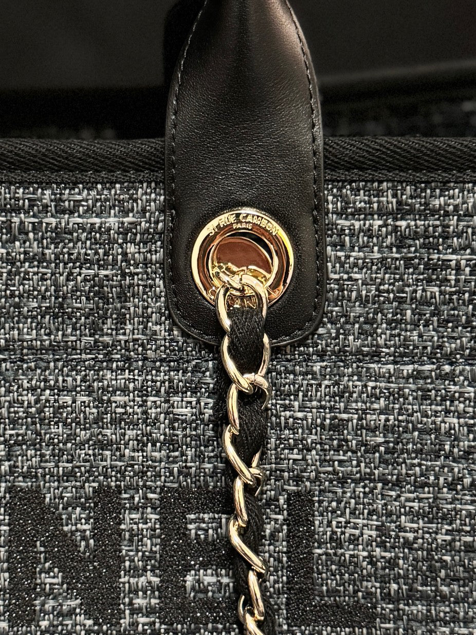 Chanel Deauville Oversized Denim Canvas Beach Tote | Seasonal Raffia-Trimmed Shopper for Travel & Mother Bag