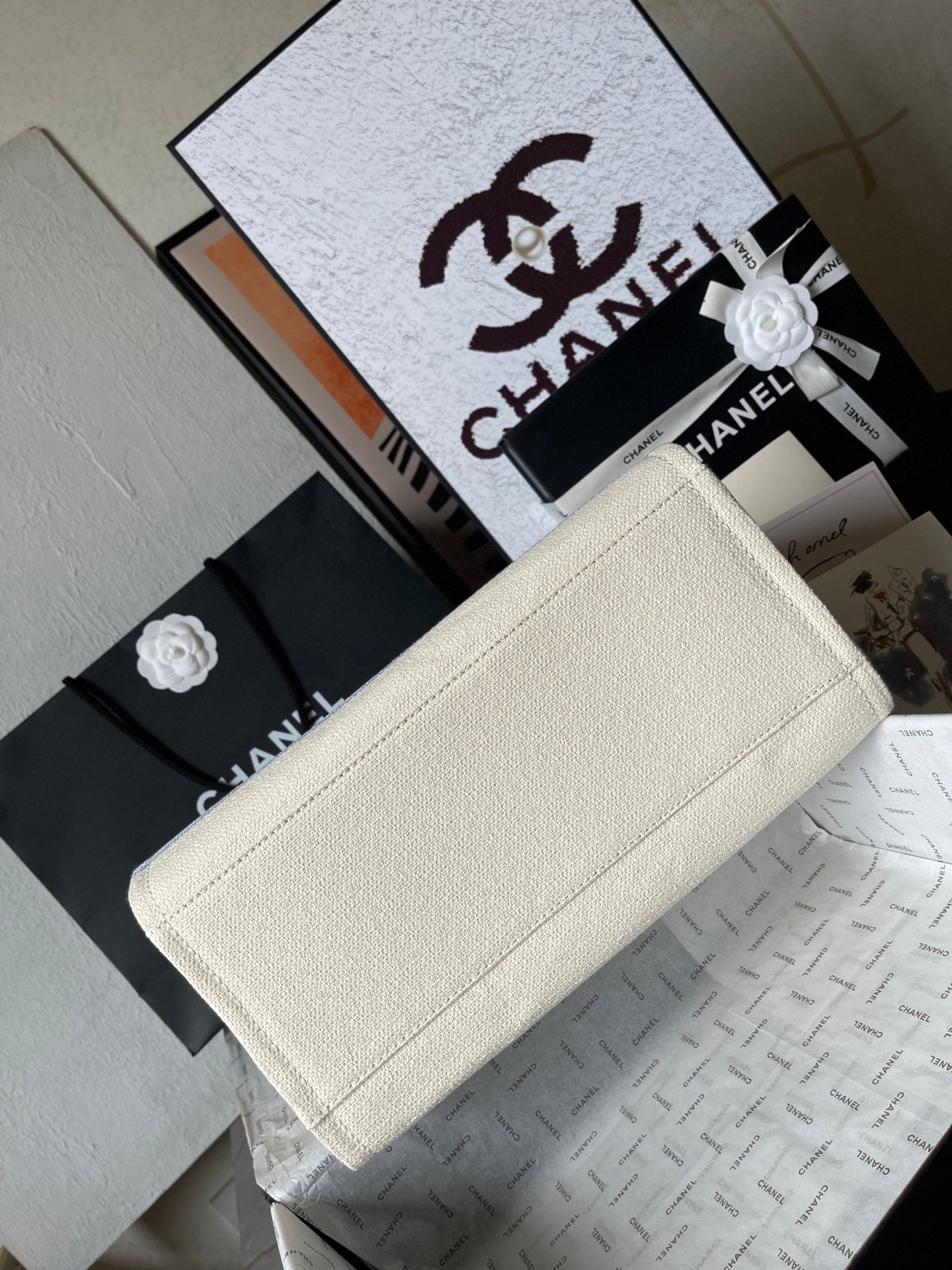 Chanel 2025 Apricot Beach Tote | Mother & Baby Canvas Bag with Leather Handles | Spacious 38×32×18cm Travel Shopper