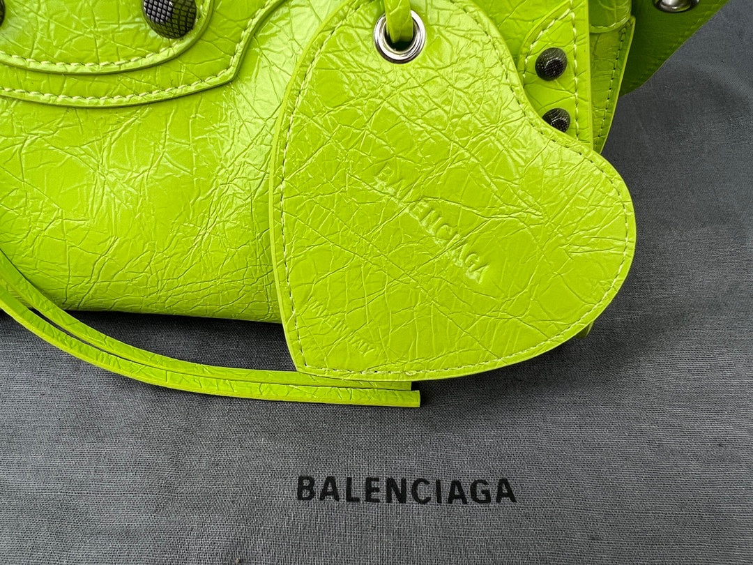 Fluorescent Green Paris Neo Cagole Biker Bag 2023 - Edgy Heart Mirror Bucket Bag | 26cm Statement Piece