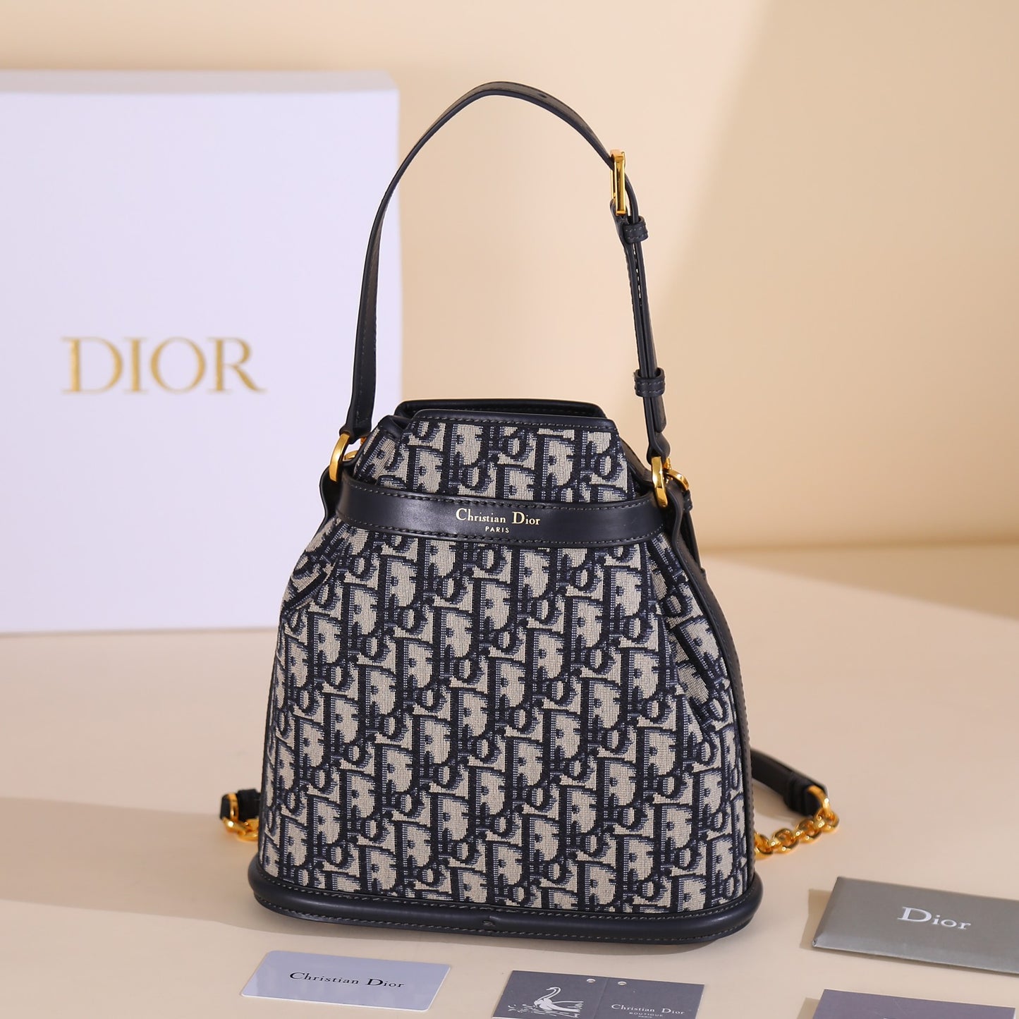 CEST Blue Oblique Print Bucket Bag - Medium Detachable Chain Strap with Leather Slider, LO Twist-Lock Closure (Includes Dust Bag & Haute Couture Packaging) | 2023 AW Collection