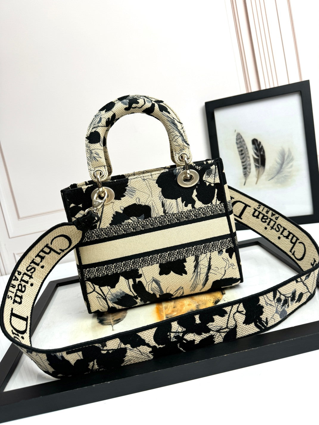 Dior Lady D-LITE Black Peony Embroidery Bag - Pietro Ruffo Collaboration with Detachable Strap & Gold D.I.O.R. Charms (Medium 24cm Artist Limited Edition)