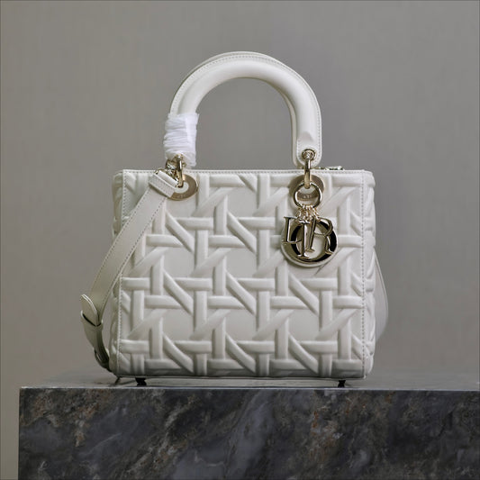 DIOR 2024 Fall/Winter Lady Dior Handbag | Black Calfskin with 3D Graphic Cannage & Pale Gold D.I.O.R. Charm, Medium 24cm