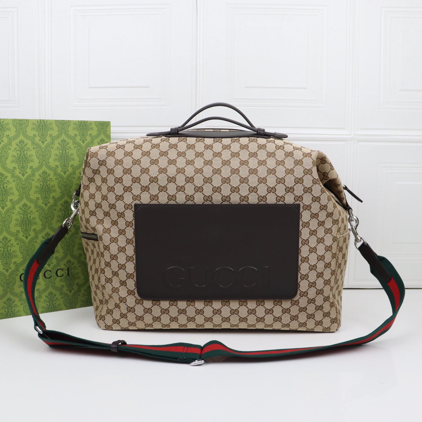 Gucci 2025 Spring-Summer Collection Travel Bag - 821688 Beige & Brown GG Canvas, 44×36×18cm Structured Luggage with Embossed Logo