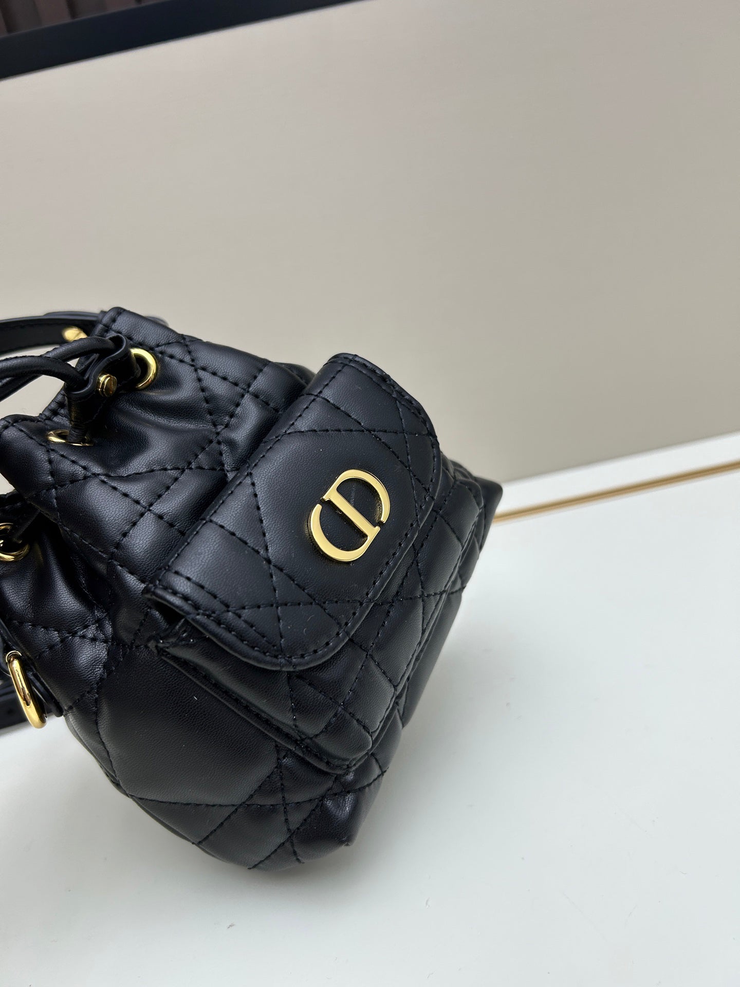 Dior Caro Black Lambskin Bucket Bag with Cannage Stitch & Drawstring | 2025 Fall Ready-to-Wear Collection | Detachable Handle & Adjustable Strap