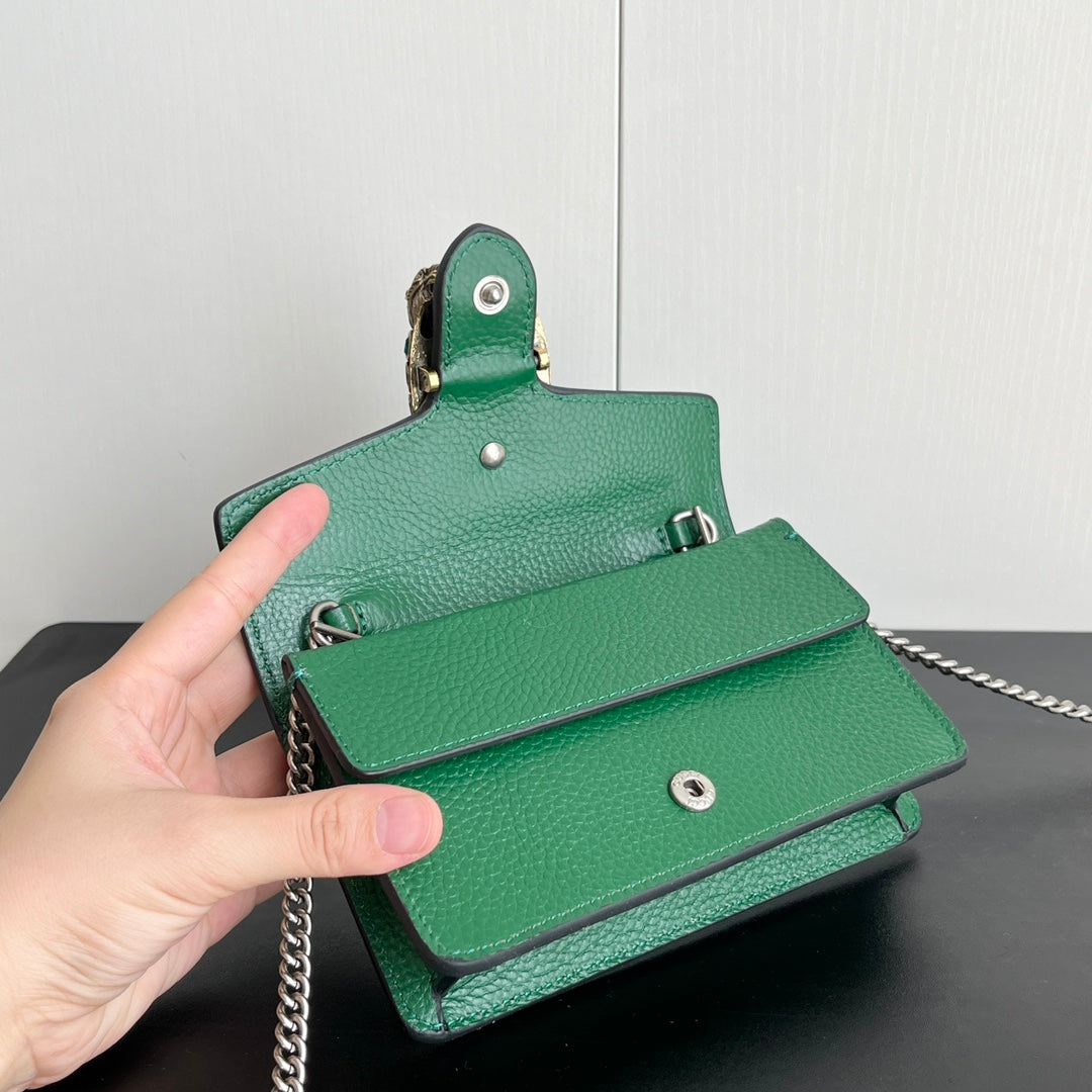 Gucci Dionysus Mini Bag – 16.5x10cm Khaki Green Calfskin, Tiger Head Buckle, Entry-Level Street Style Icon