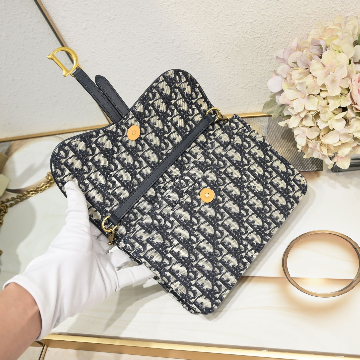 Dior Saddle Blue Oblique Jacquard Calfskin Wallet on Chain Clutch - Detachable Strap/Vintage Gold Hardware/Multi-Compartment