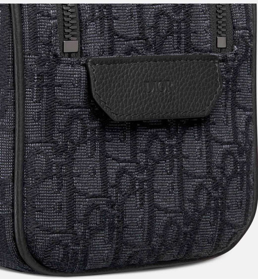 DIOR Gray C.D Diamond Canvas Toiletry Pouch with Leather Trim | Travel Organizer