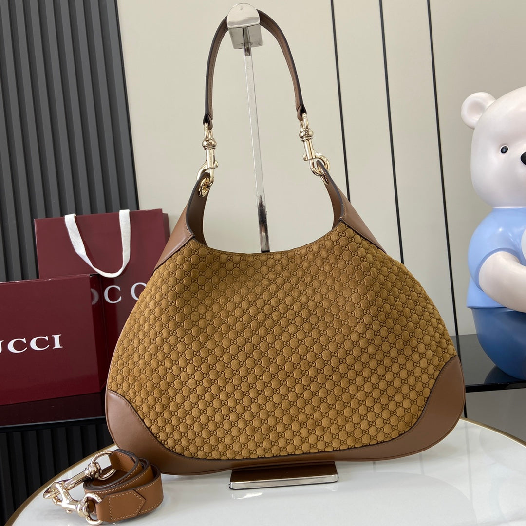 Gucci Body Double-Lock Shoulder Bag - Vintage 1950s Inspired Brown GG Suede with Adjustable Strap