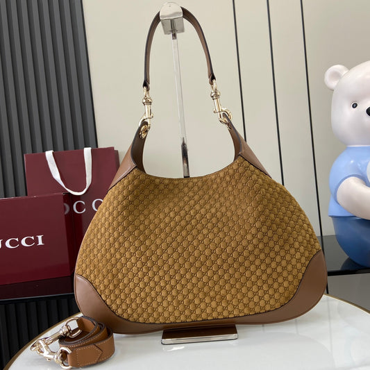 Gucci Body Double-Lock Shoulder Bag - Vintage 1950s Inspired Brown GG Suede with Adjustable Strap