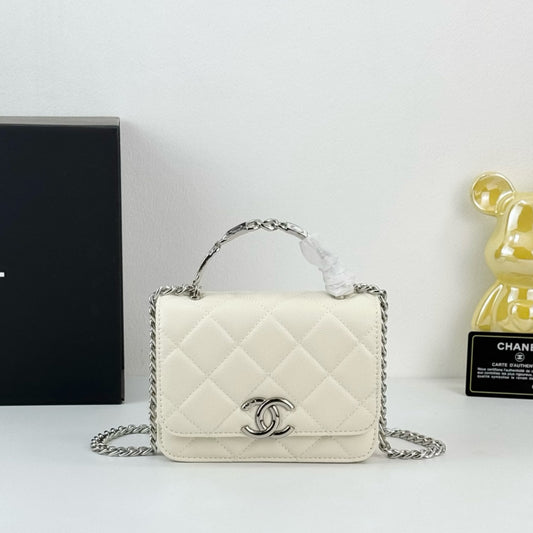 Chanel 22S White Enamel Handle Bag | Mini Sweet & Chic Crossbody | Detachable Woven Strap & Silver Logo