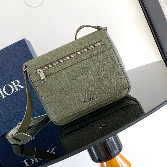 2024 Autumn Messenger Bag - Khaki Embossed Leather with Magnetic Flap (Made in Italy)