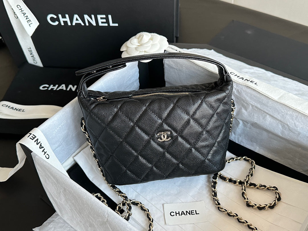 Chanel 25C Black Gold HAAS Caviar Calfskin Lunch Box Bag | Original Mid-Grain Embossed Texture + Champagne Gold Steel Clasp | 21.5x19x6cm Exclusive