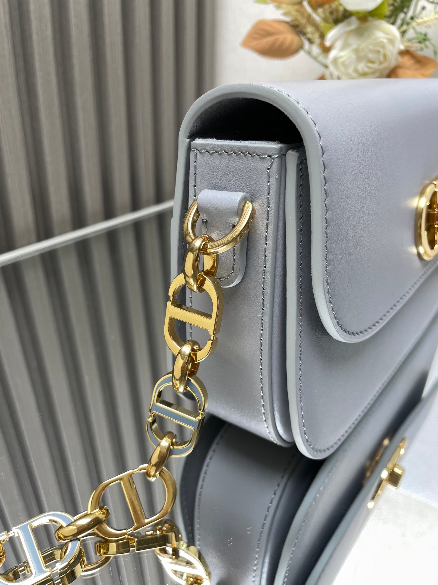 Dior 30 Montaigne Grey Enamel Chain Bag - Glazed Calfskin Flap Bag with Perfume-Bottle Inspired Closure (Convertible Triple-Compartment Crossbody)