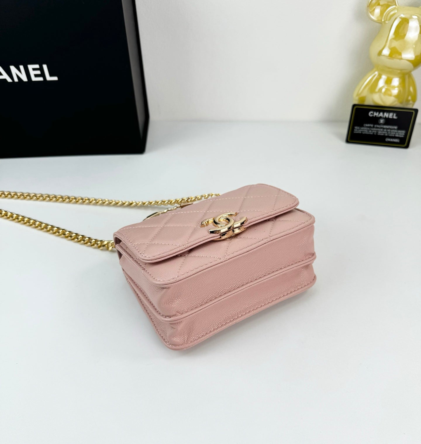 Chanel 22S Blush Pink Enamel Handle Bag | Mini Sweet Crossbody | Gold Logo & Woven Strap