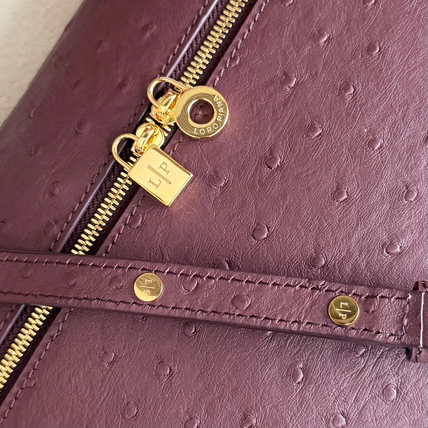 Extra cket L27 Wine Red Ostrich Leather Wide Top Handle Bag - Gold Hardware, Dual Zipper, Lambskin Lining