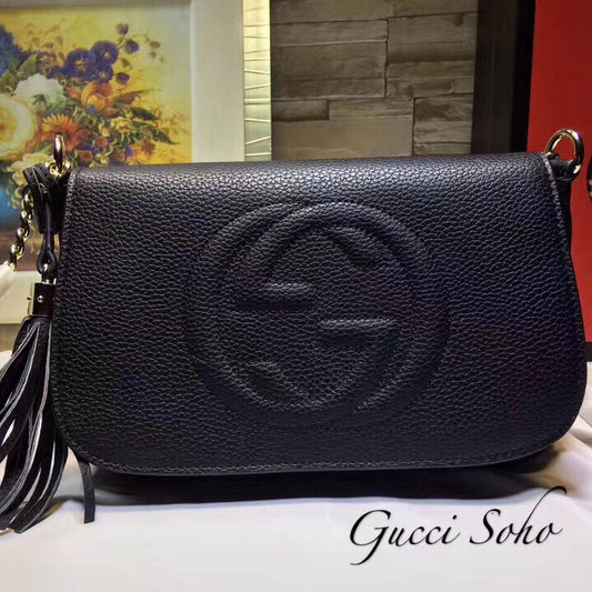 GUCCI SoHo Camera Bag in Black | Genuine Leather with Chain Strap & GG Logo Tassel