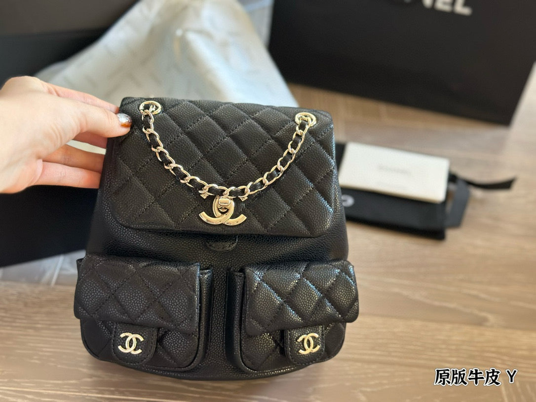 Chanel Duma "Frog" Backpack | Dual-Pocket Cute Design | Adjustable Chain/Leather Strap | 21×22cm Medium Size