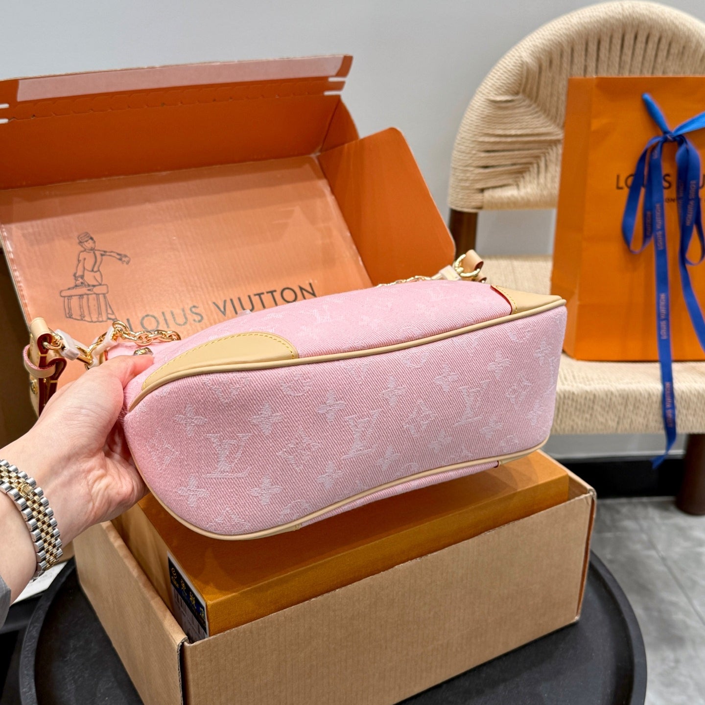 Louis Vuitton Denim Boulogne Bag 2023 | 163c Dynamic Chip, Steel Chain Strap, Full Gift Box Packaging