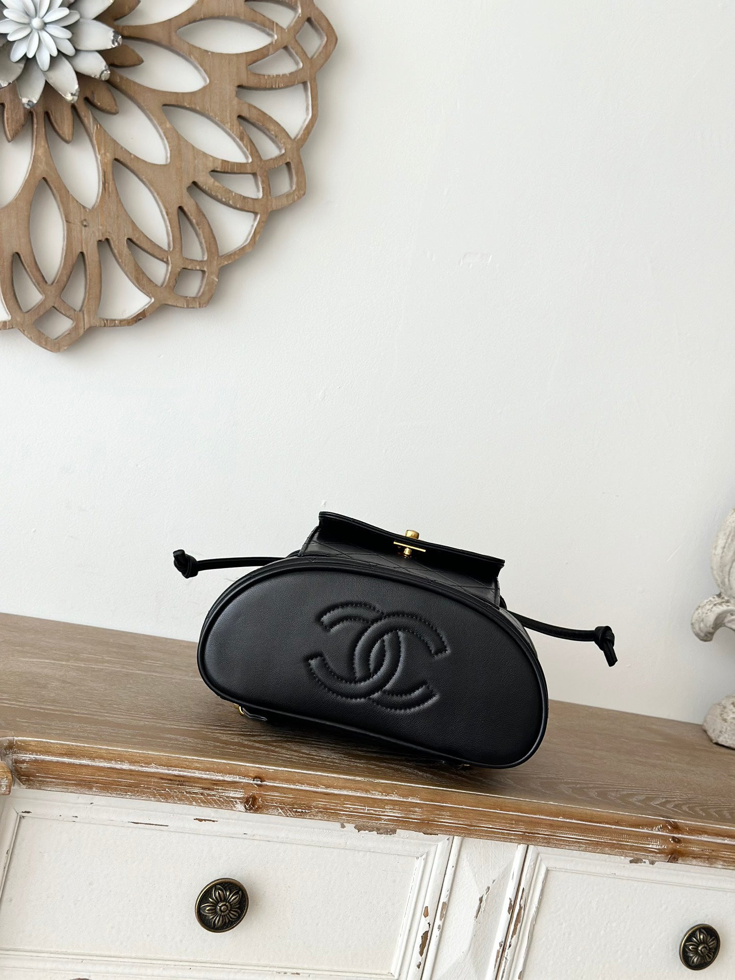 Chane Vintage Backpack | Heirloom Classic Design | Lambskin Quilted Pattern | Double C Logo Gold Chain | Black All-Season Versatile Bag